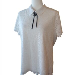 Karl Lagerfeld White Lace Women's Top with Fold Collar and Bow Size Large